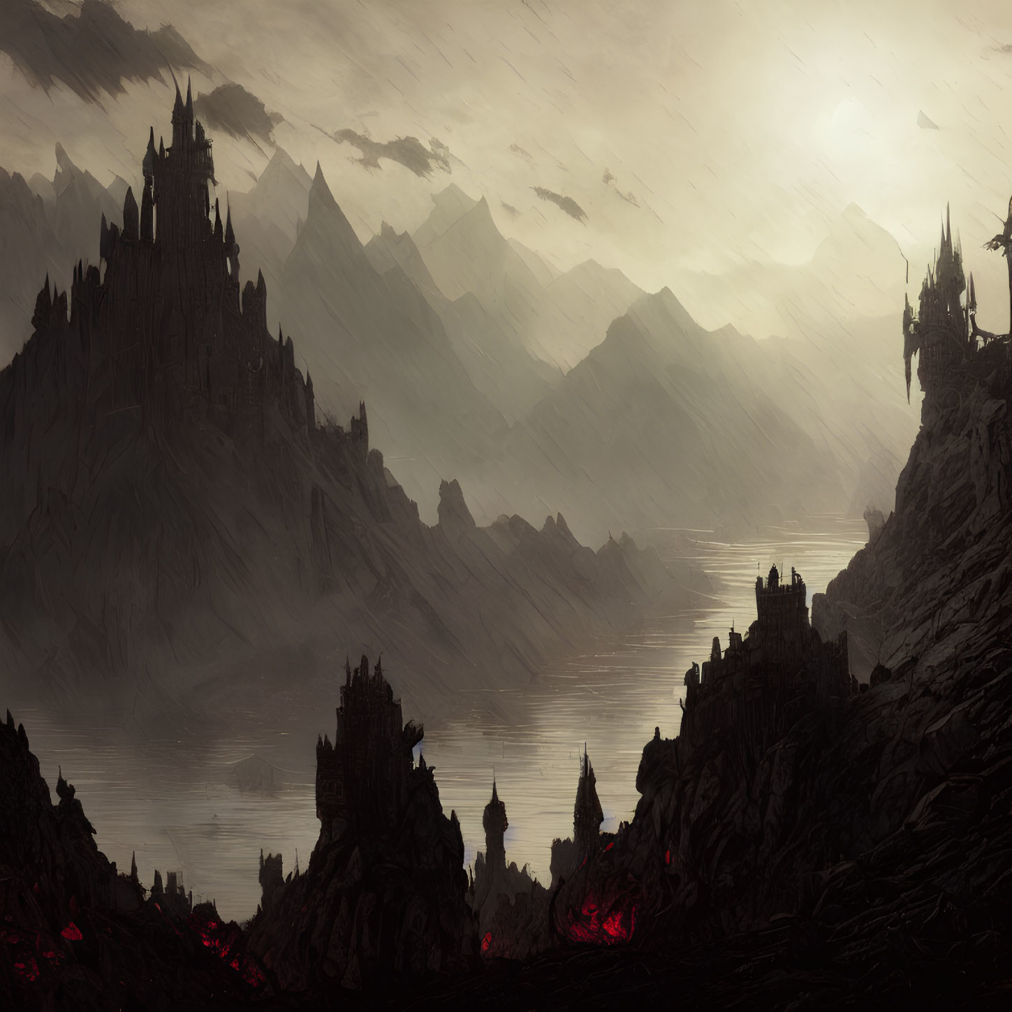 Gothic castles in dark, moody landscape with glowing river