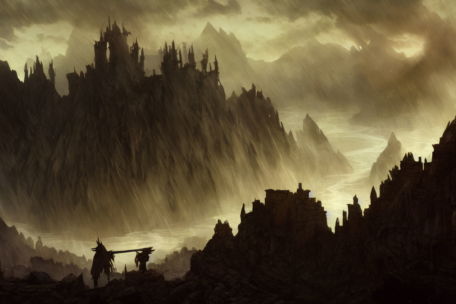 Brooding sky over cliffside castles with lone figure and dragon