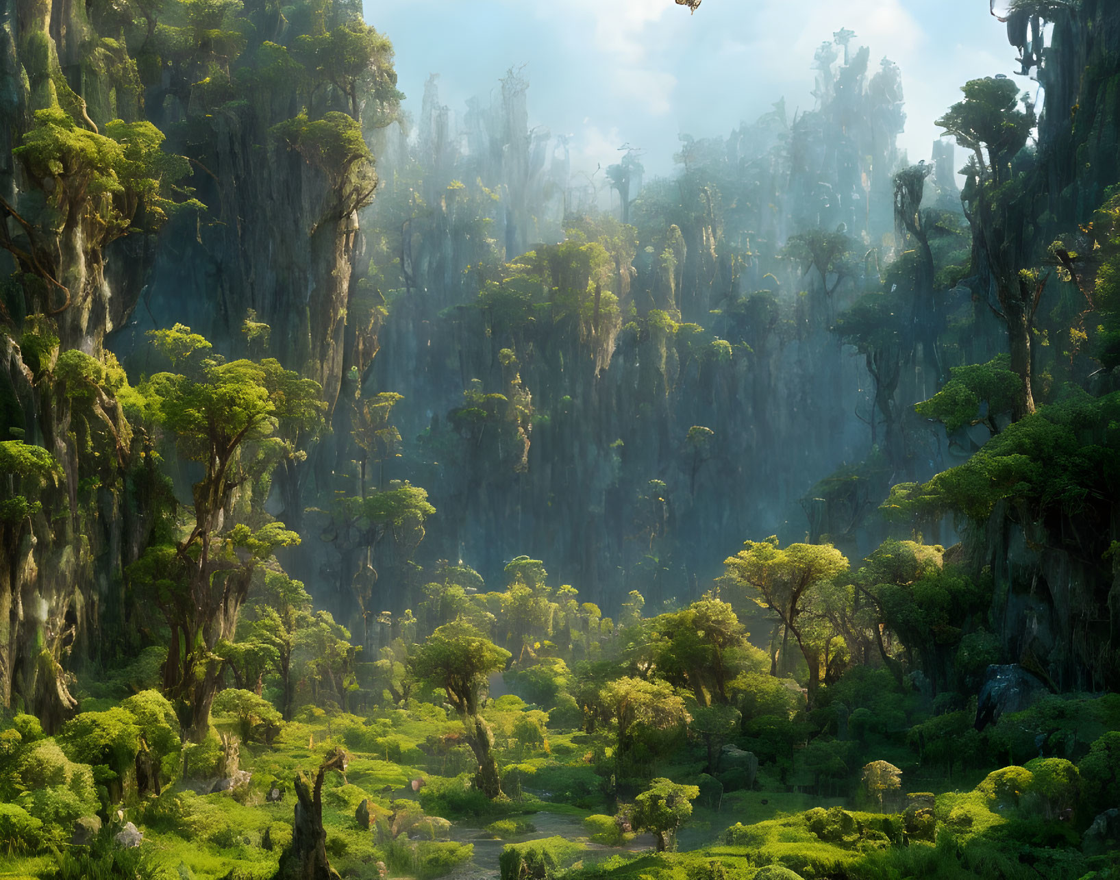 Mystical forest with towering trees, sunlight, and rocky cliffs