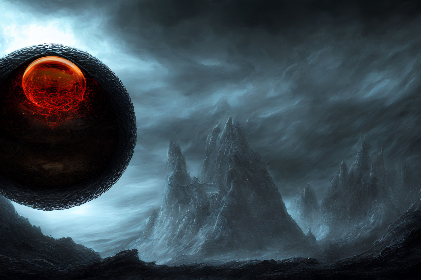 Moody landscape with jagged mountains and ominous red-eyed sphere