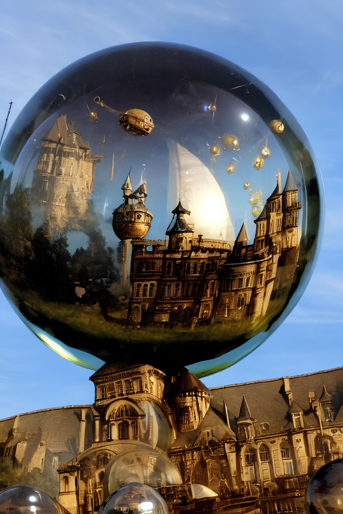 Reflective sphere distorts ornate buildings and dirigibles against blue sky