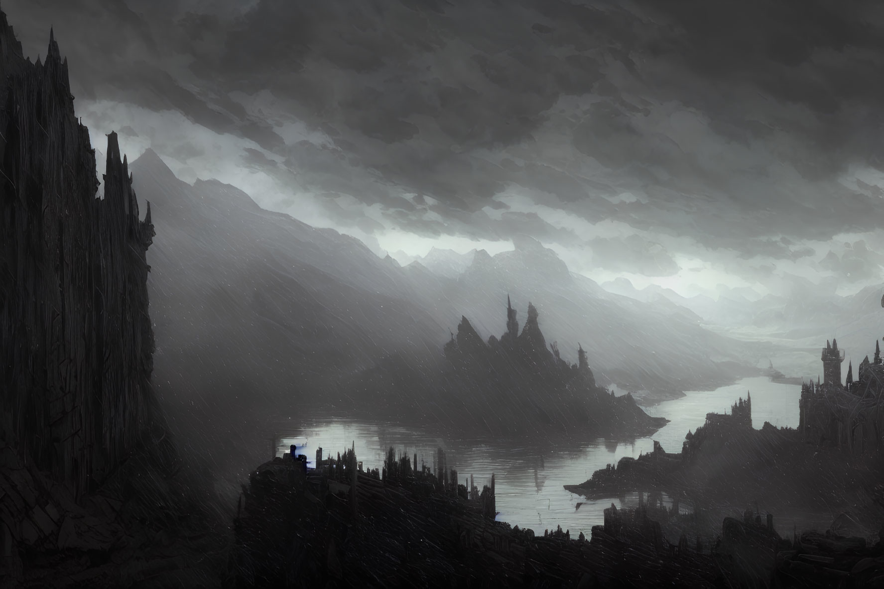 Dark Castle and Jagged Mountains in Gloomy Landscape