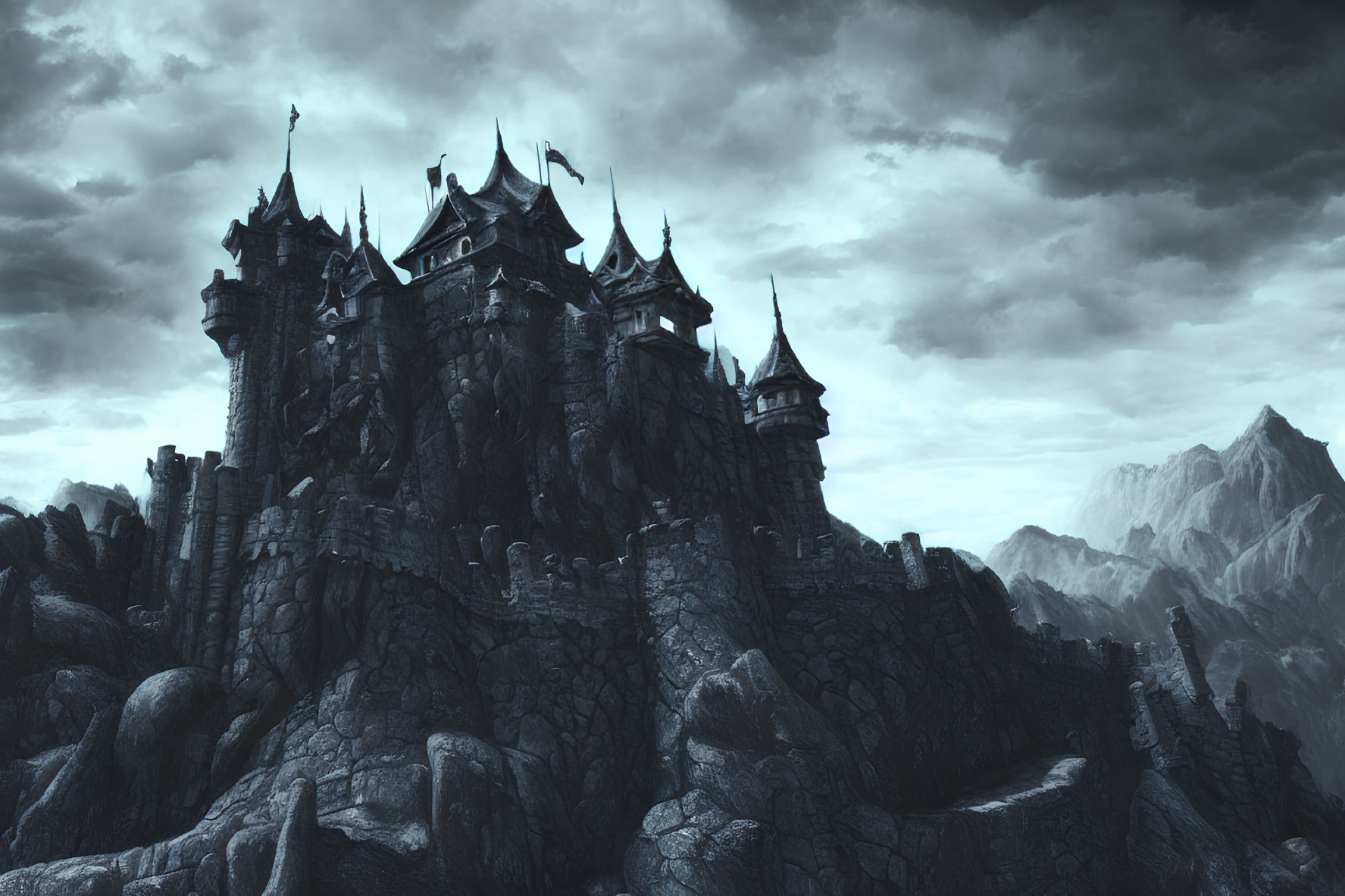 Gothic-style castle on craggy cliff under darkened sky