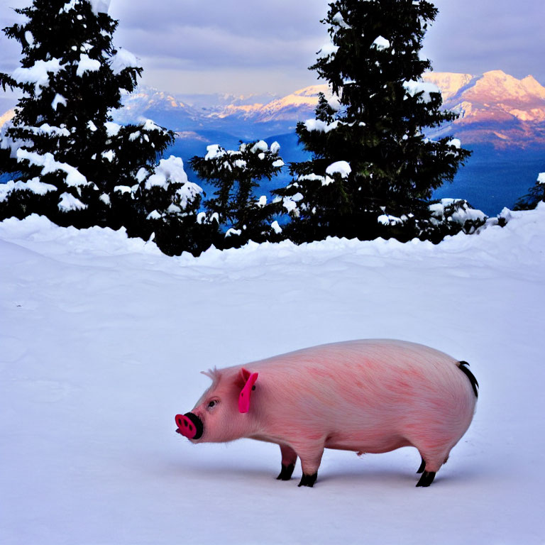 Pink pig with bow in snowy sunset scene.