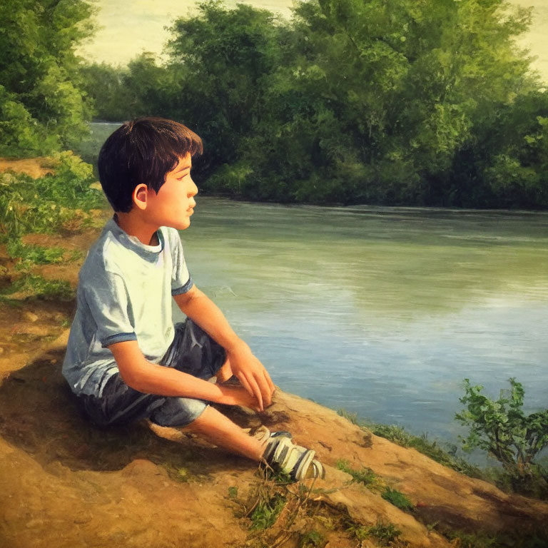 Boy Contemplating by Riverbank in Natural Setting