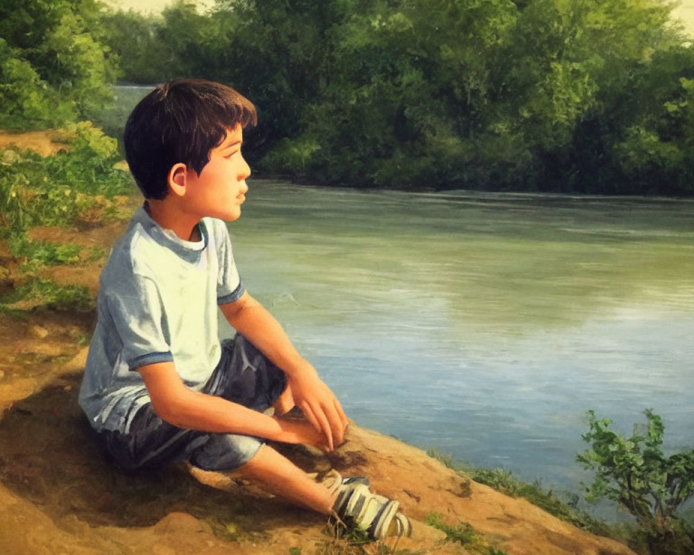 Boy Contemplating by Riverbank in Natural Setting