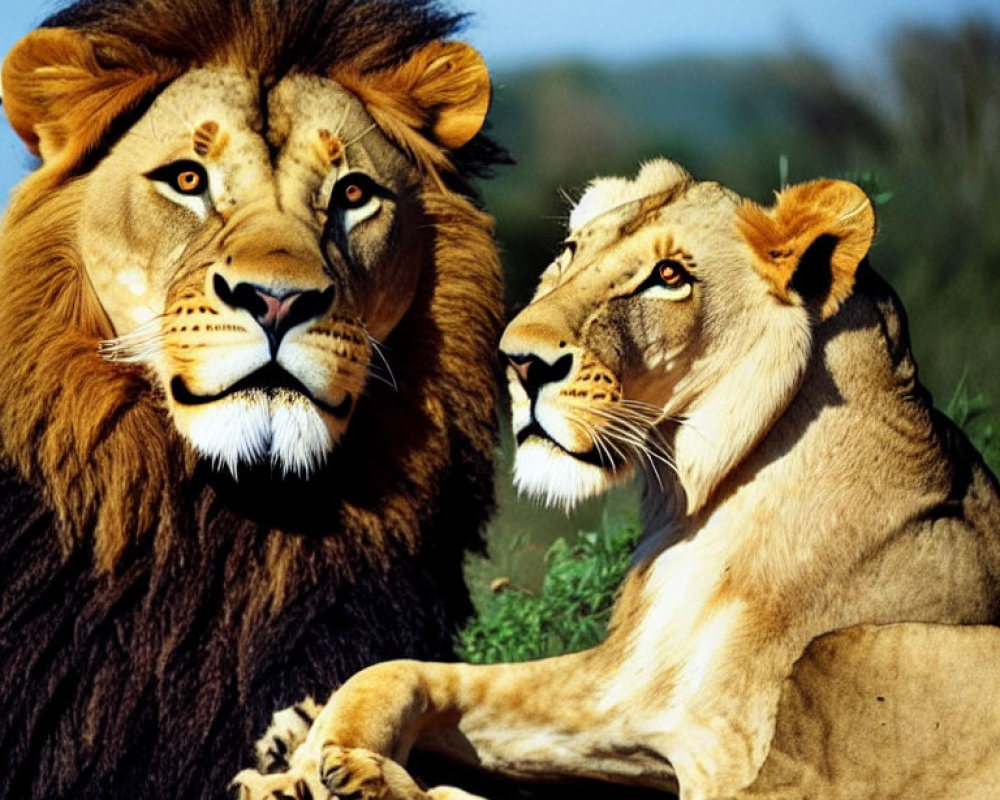 Male and female lions resting on grass, male looking at camera, female glancing sideways