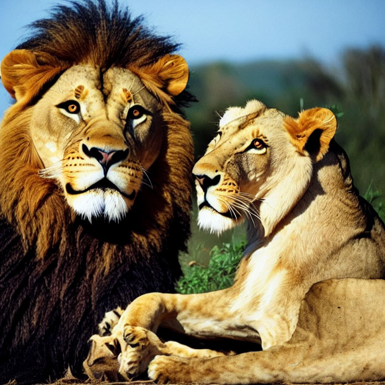 Male and female lions resting on grass, male looking at camera, female glancing sideways