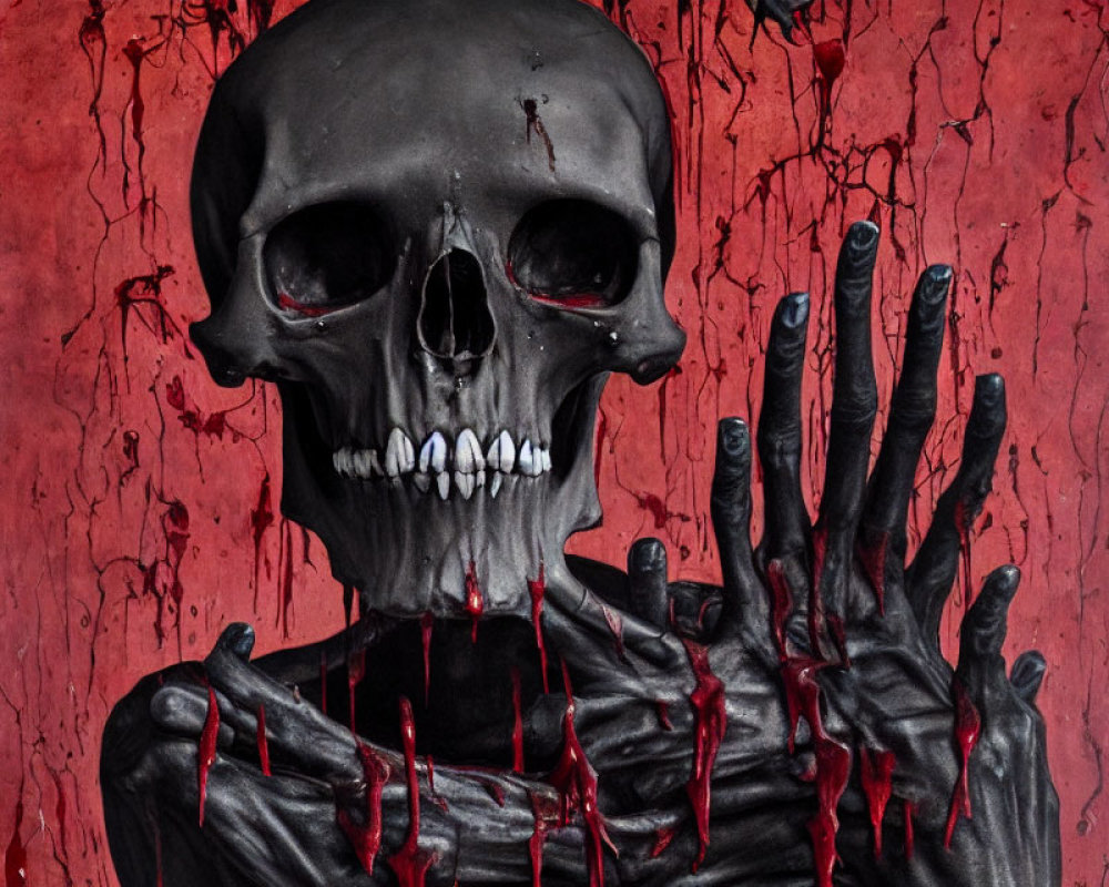 Skull-Faced Figure Painting on Blood-Red Background