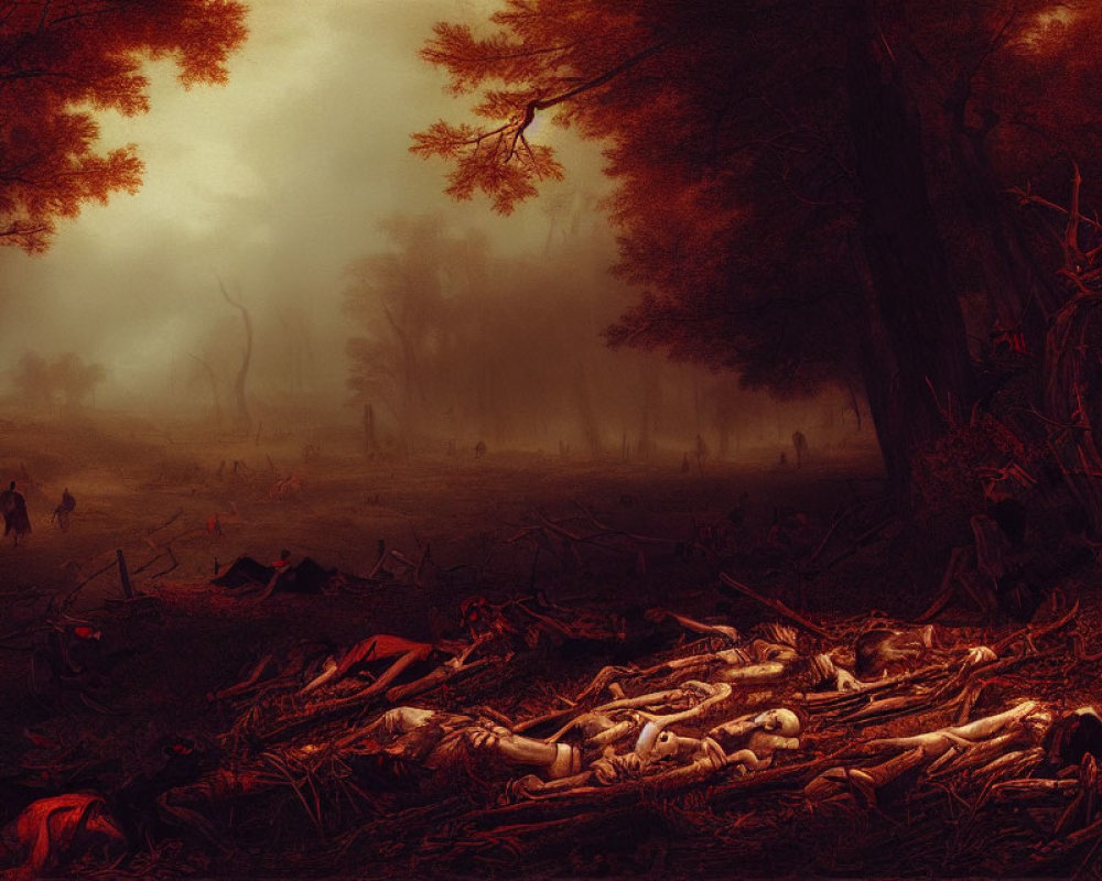 Dark Misty Forest with Human Skeletons and Shadowy Figures