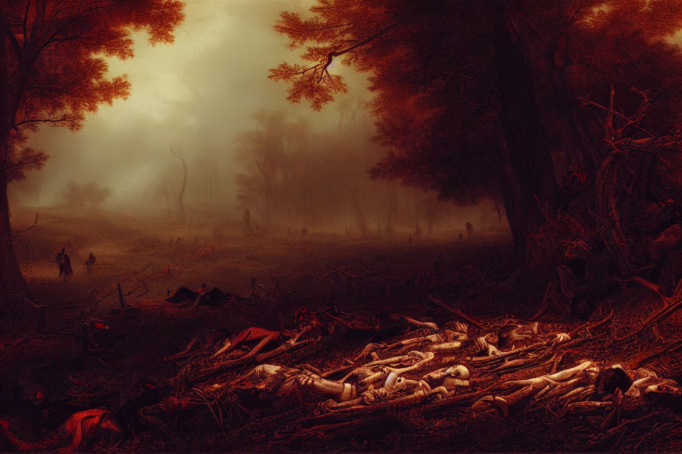 Dark Misty Forest with Human Skeletons and Shadowy Figures