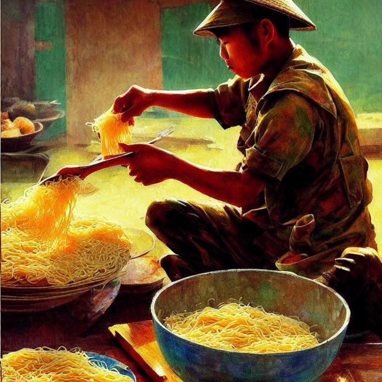 Person separating strands of yellow noodles in warm sunlight.