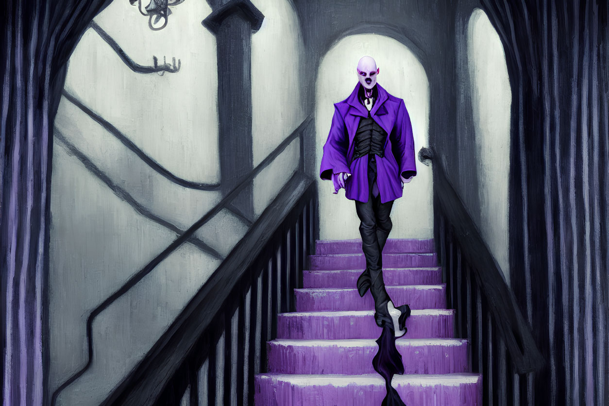 Skull-faced villain in purple coat descends gloomy staircase