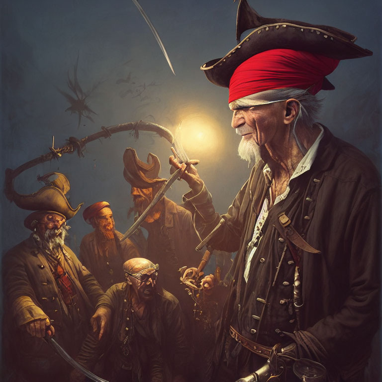 Weathered pirates illustration with central figure holding sword and lit fuse.