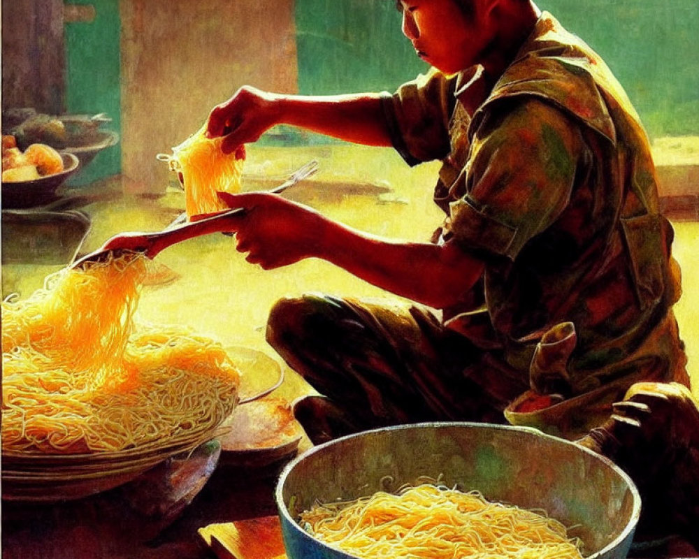 Person separating strands of yellow noodles in warm sunlight.