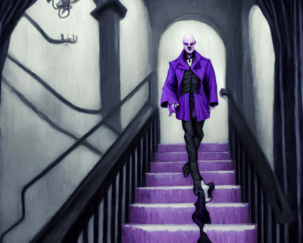 Skull-faced villain in purple coat descends gloomy staircase