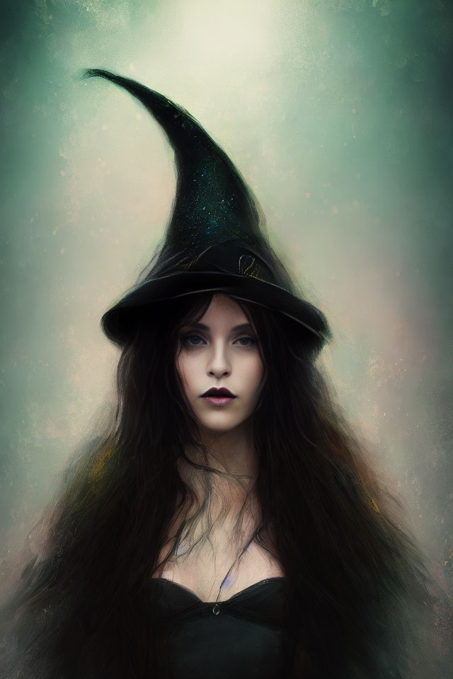 Dark-haired woman in black witch's hat with misty green backdrop