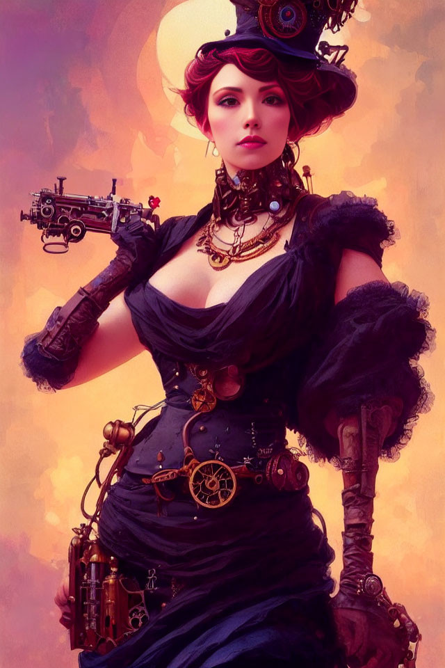 Steampunk-themed woman with top hat, goggles, and mechanical arm holding a pistol