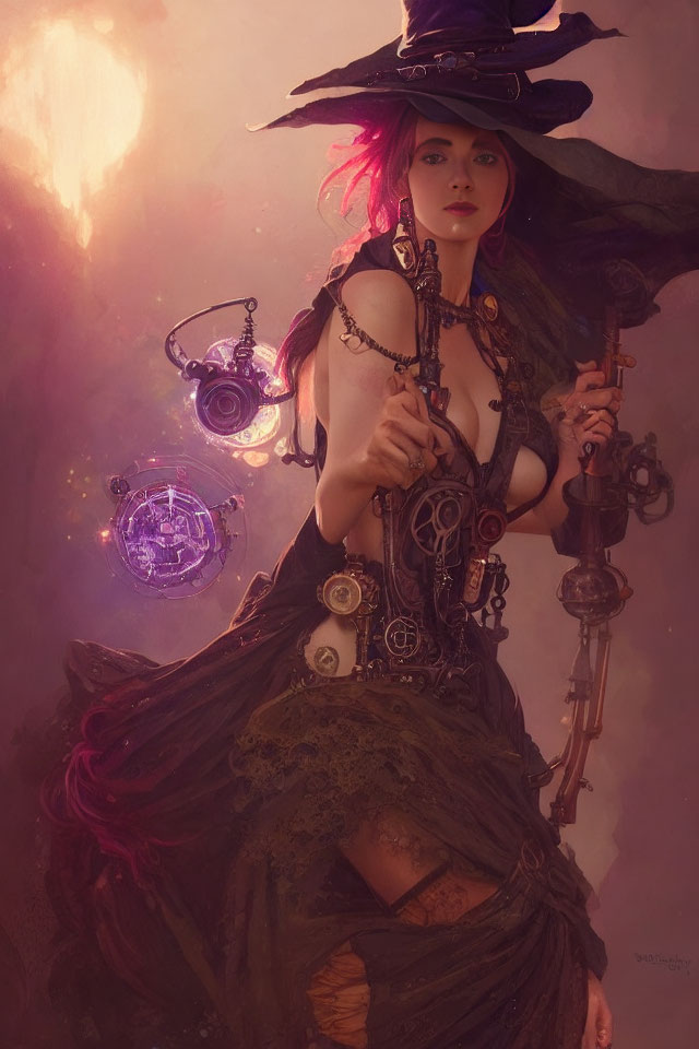 Mystical woman in earth-toned dress with steampunk orbs