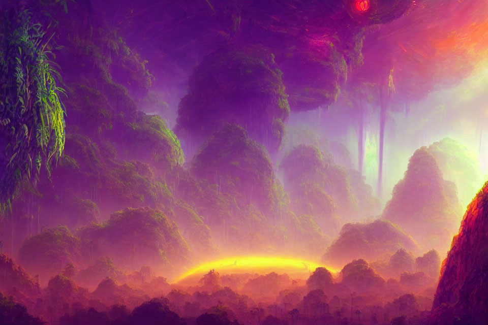 Vibrant alien jungle with purple hues, misty atmosphere, hanging vegetation, and glowing horizon.