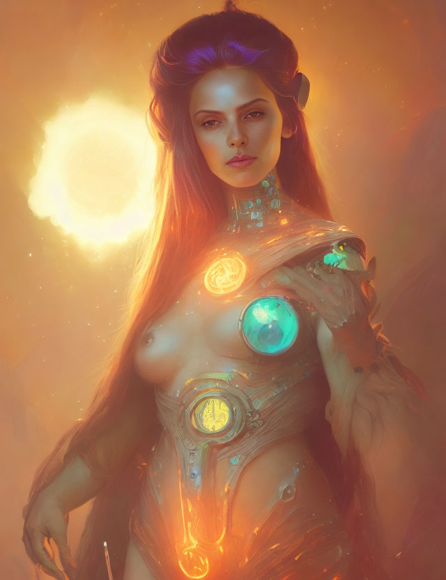 Fantasy illustration of woman with cybernetic enhancements and glowing orbs in misty setting