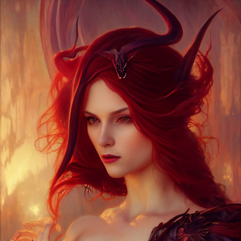 Digital Illustration: Woman with Red Hair and Horns in Mystical Aura