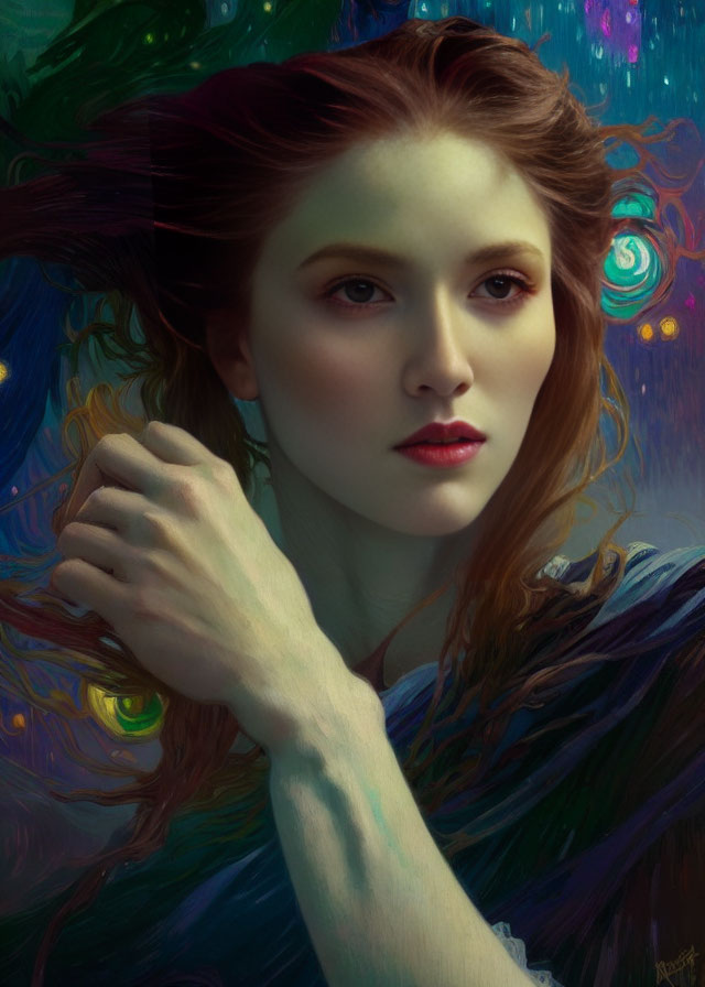 Digital painting of woman with flowing red hair and captivating eyes in ethereal background