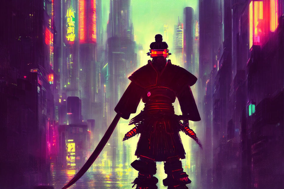 Futuristic samurai in neon-lit cityscape