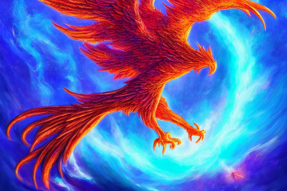 Vibrant red phoenix soaring in blue and purple background