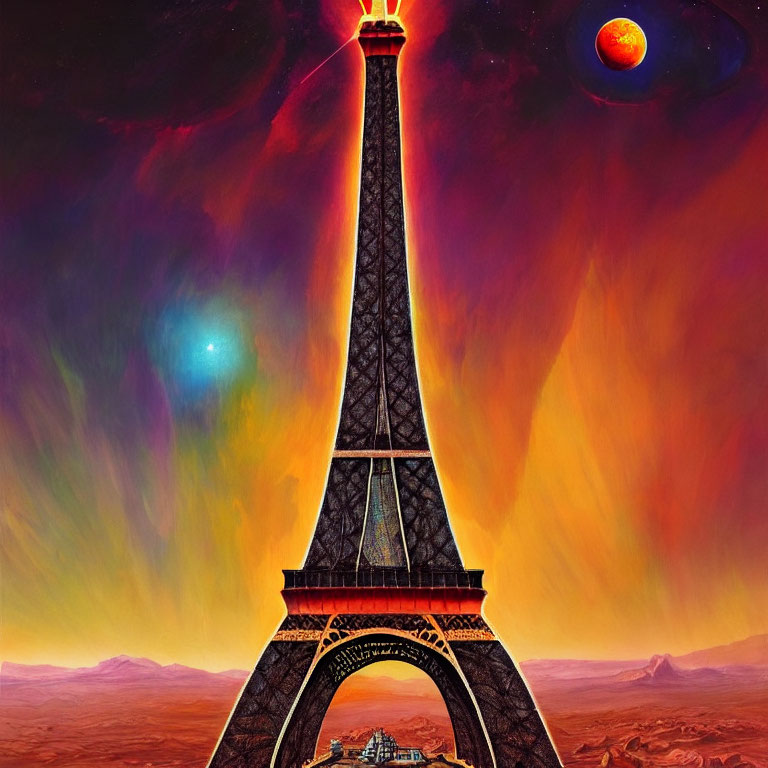 Iconic Eiffel Tower in surreal cosmic landscape