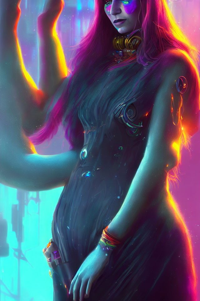 Digital artwork: Stylized woman with purple skin and hair in futuristic cyberpunk setting