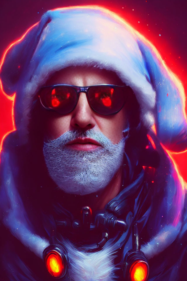 Futuristic Santa Claus with glowing red goggles and high-tech suit