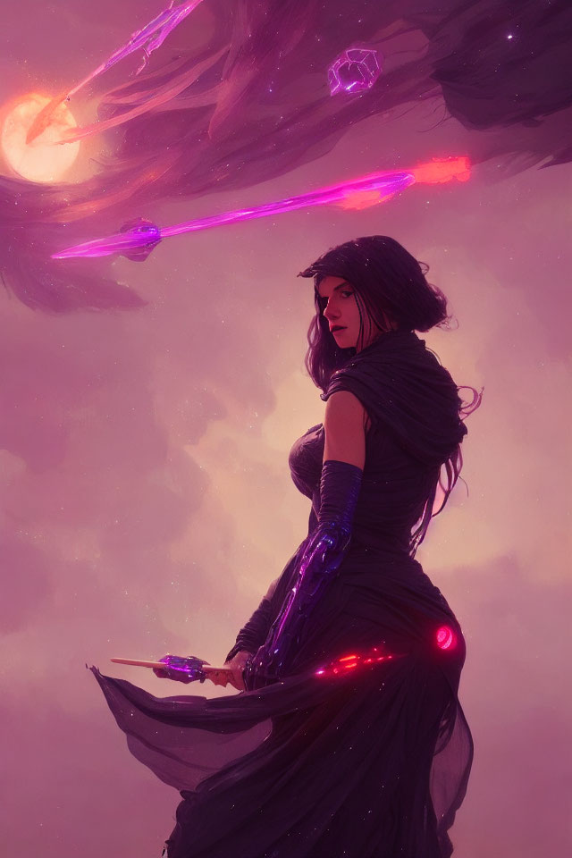 Digital artwork of woman in dark dress against purple sky