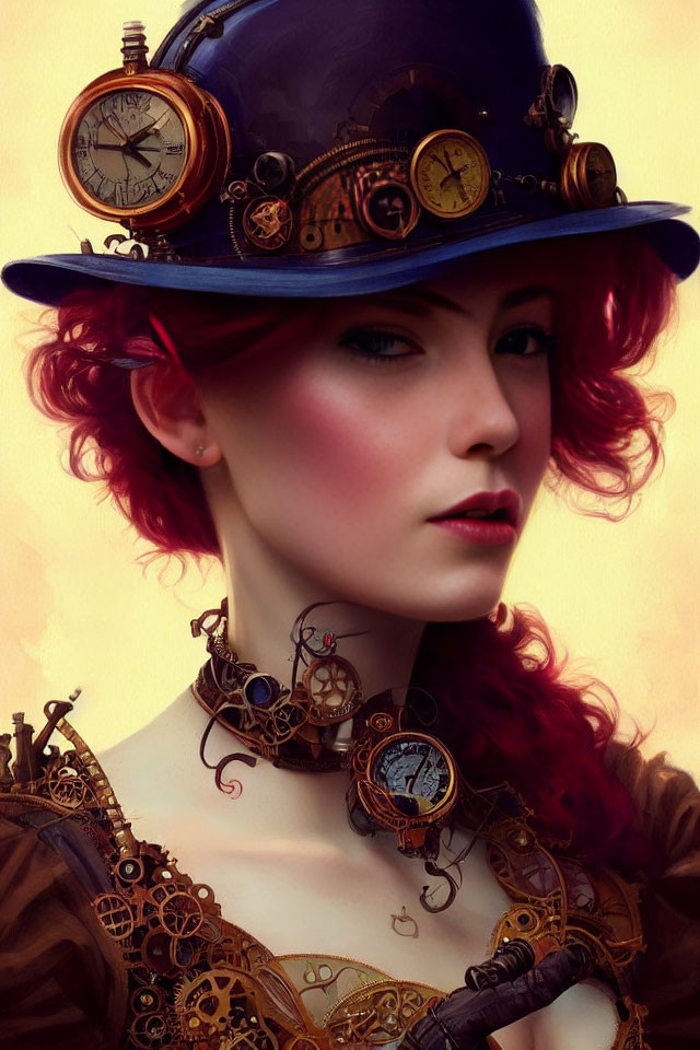 Vibrant red-haired woman in steampunk outfit with gear-adorned hat and mechanical dress