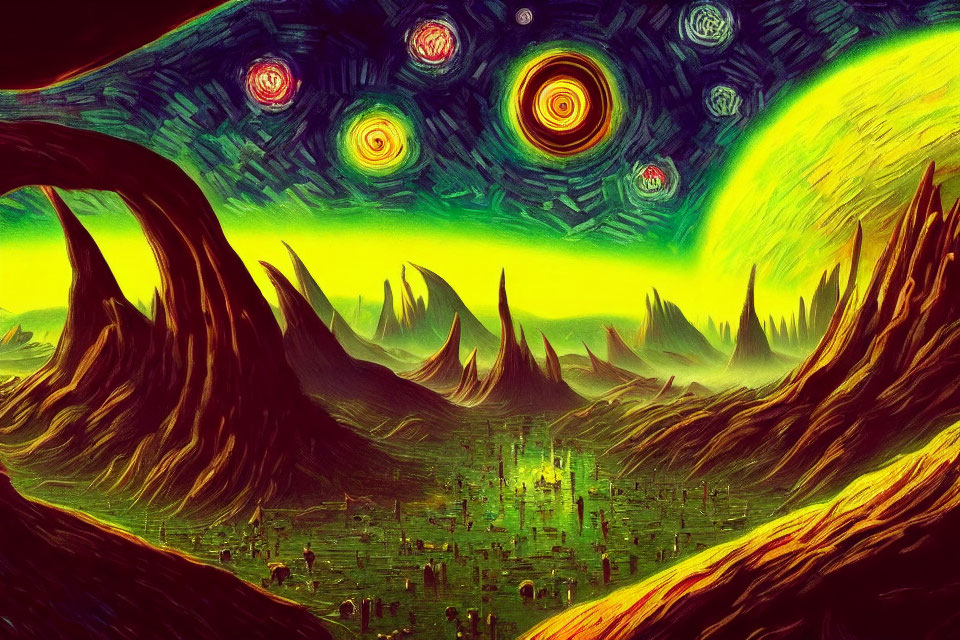 Surreal landscape with swirling skies over green alien city