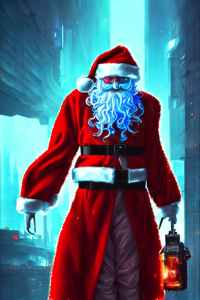 Futuristic Santa Claus with glowing blue beard in cyberpunk cityscape