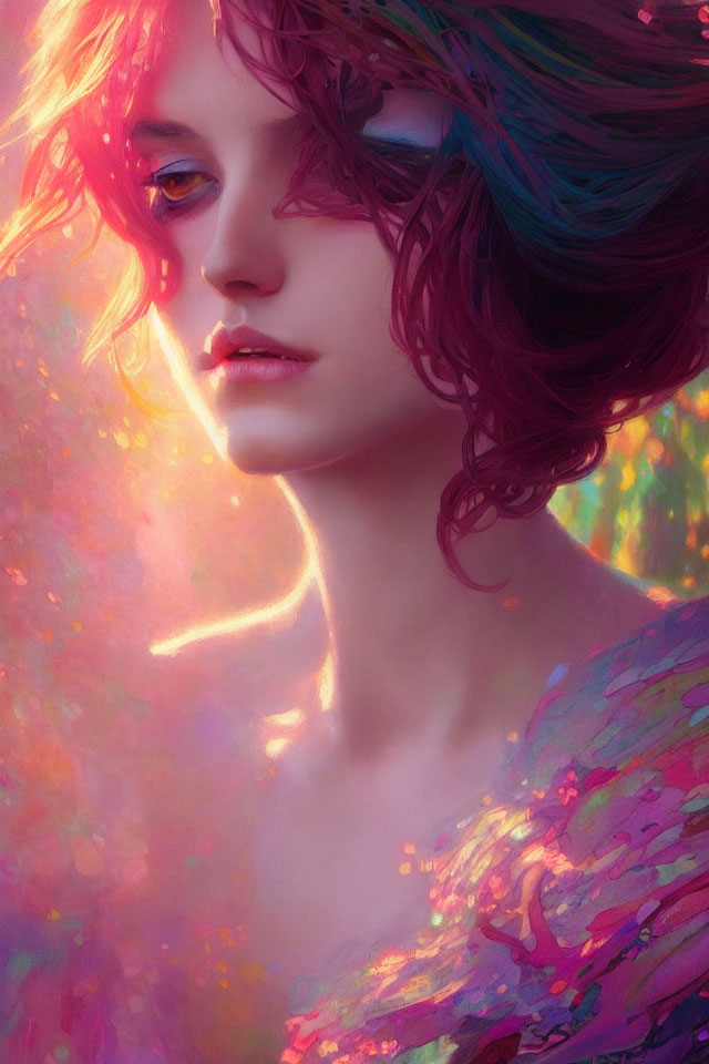 Colorful digital portrait featuring individual with multicolored hair in soft light