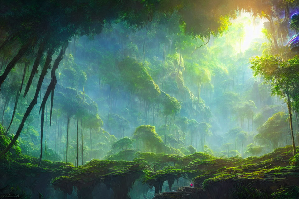 Sunlit Mystical Forest with Natural Bridge & Lush Greenery