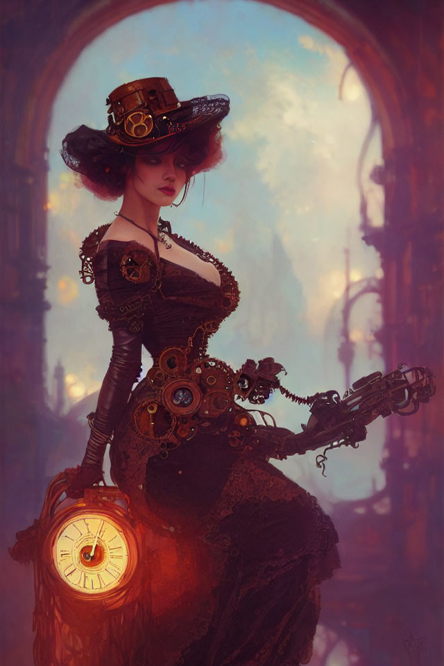 Steampunk-themed woman with mechanical arm in industrial setting