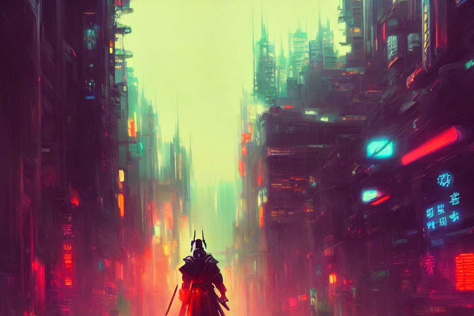 Futuristic cityscape with neon signs, skyscrapers, and lone figure in armor