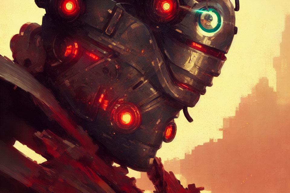 Menacing robot head artwork in red dystopian setting