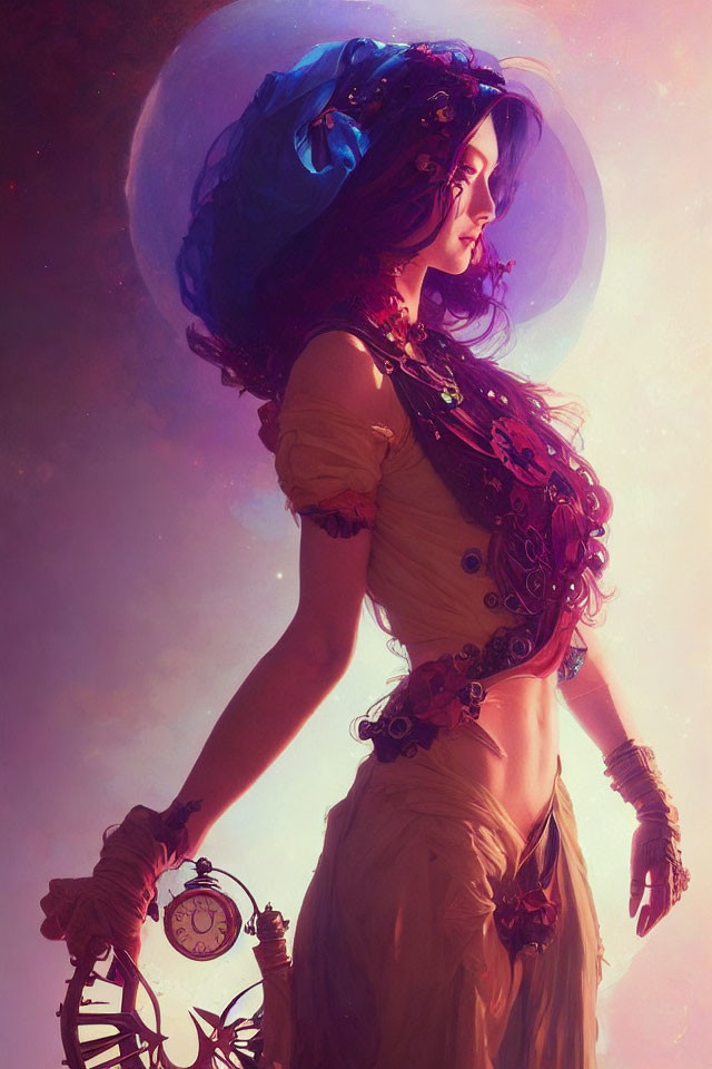 Fantasy-inspired digital artwork of woman with blue hair and large hat holding a pocket watch.