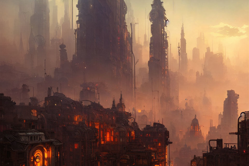 Dystopian cityscape with futuristic buildings in smoggy dusk