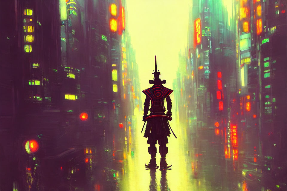 Samurai in neon-lit futuristic cityscape with towering buildings