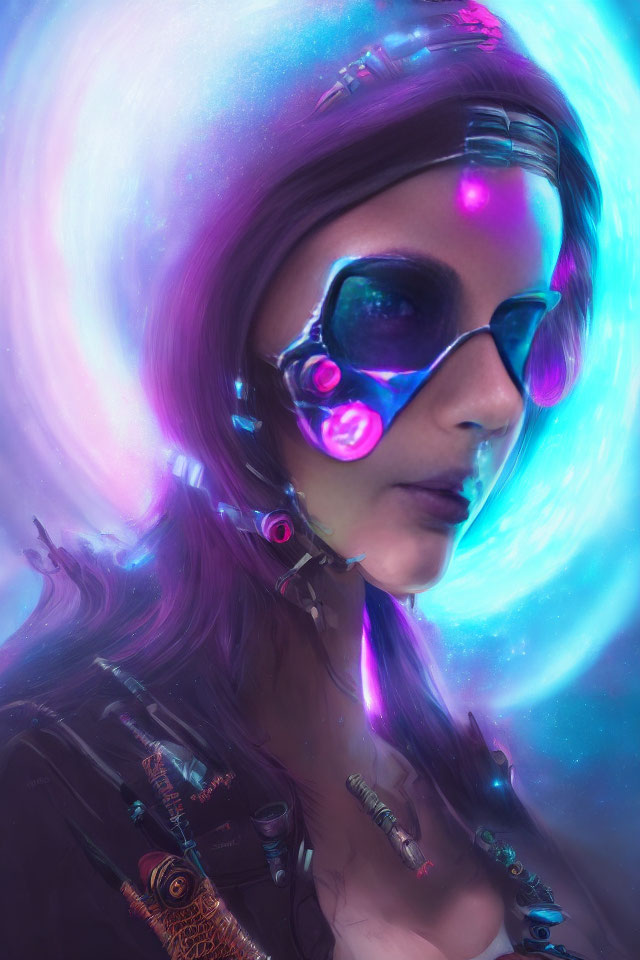 Futuristic female figure with cybernetic enhancements in cosmic backdrop