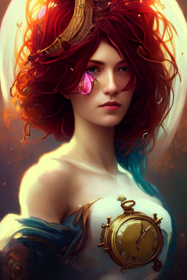 Mystical woman with fiery red hair, golden crown, pink flower, vintage gold pocket watch