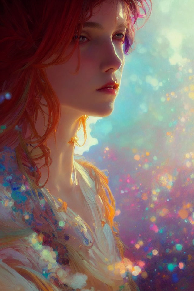 Red-haired person in dreamy profile against colorful backdrop