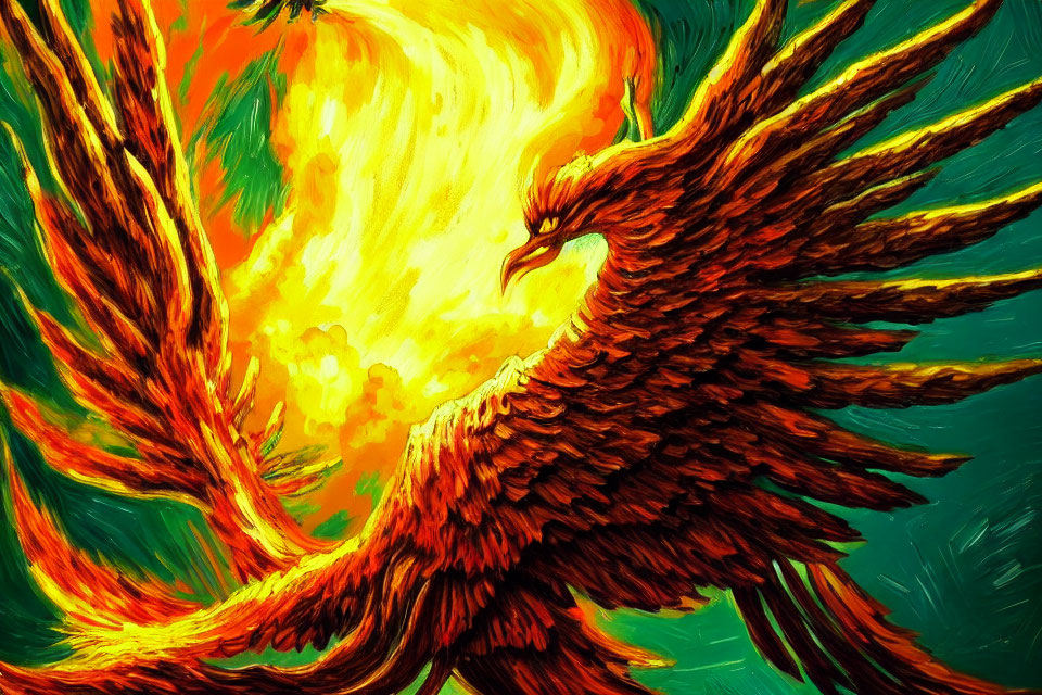 Colorful Phoenix Flying with Flames and Fiery Plumage on Green and Yellow Background