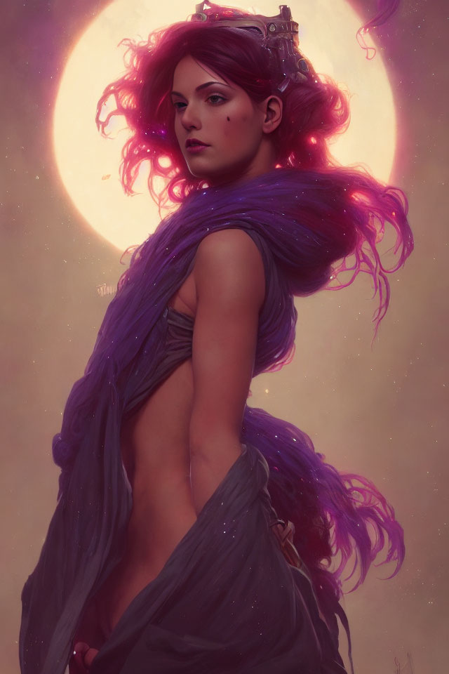 Vivid purple-haired woman in ethereal drapery under soft-glowing moon