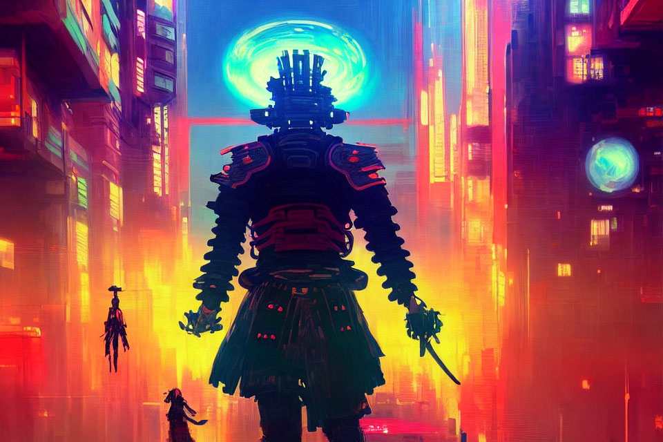 Futuristic samurai in neon-lit cyberpunk cityscape